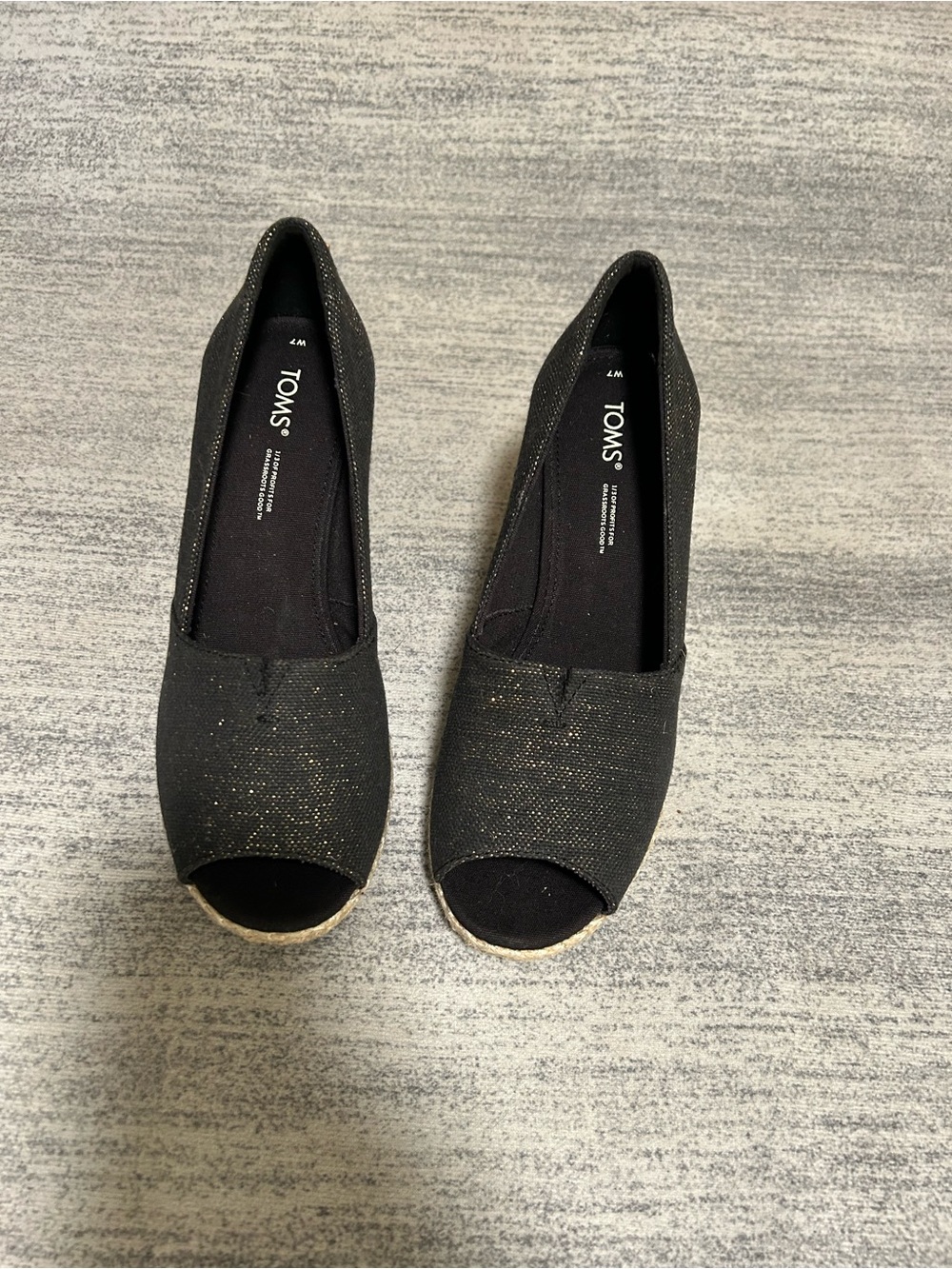 Toms Black Espadrille Wedge Peep-Toe Slip-On